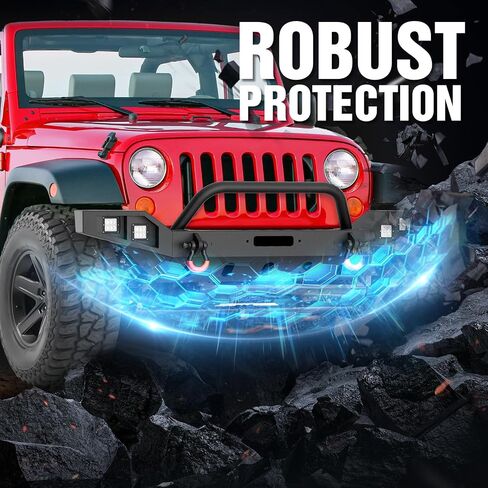for JK Front & Rear Bumper Compatible with 2007 2008 2009 2010 2011 2012 2013 2014 2015 2016 2017 2018 Jeep Wrangler JK JKU with LED Lights, Winch Plate, D-rings, Paintable Armor, Hitch Receiver in Saudi Arabia