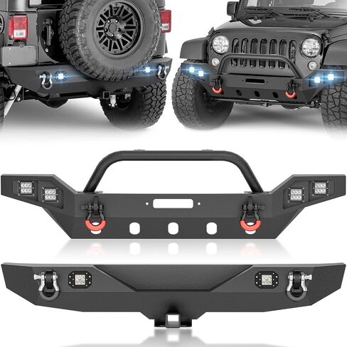 for JK Front & Rear Bumper Compatible with 2007 2008 2009 2010 2011 2012 2013 2014 2015 2016 2017 2018 Jeep Wrangler JK JKU with LED Lights, Winch Plate, D-rings, Paintable Armor, Hitch Receiver in Saudi Arabia