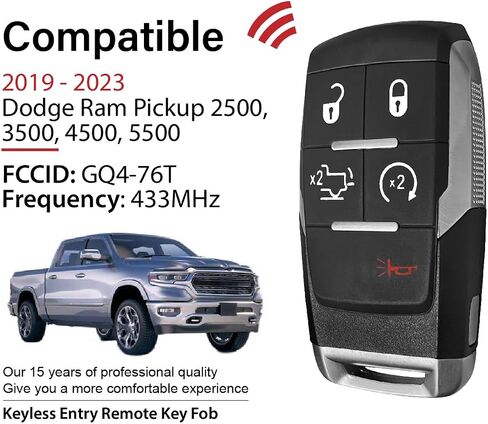 Replacement for 2019 2020 2021 2022 2023 Dodge Ram Pickup 2500 3500 4500 5500 Key Fob Remote Control GQ4-76T 5 Buttons 433MHz in Saudi Arabia