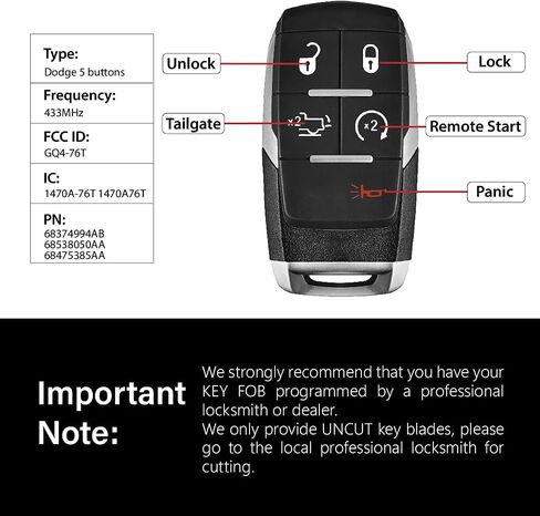 Replacement for 2019 2020 2021 2022 2023 Dodge Ram Pickup 2500 3500 4500 5500 Key Fob Remote Control GQ4-76T 5 Buttons 433MHz in Saudi Arabia