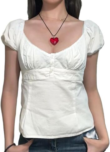 Alyweatry Women Y2k Coquette Shirt Cute Short Sleeve Vintage Fairy Grunge Aesthetic Ruffle Crop Top 90s Preppy Clothes in Saudi Arabia
