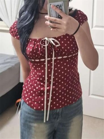 Alyweatry Women Y2k Coquette Shirt Cute Short Sleeve Vintage Fairy Grunge Aesthetic Ruffle Crop Top 90s Preppy Clothes in Saudi Arabia