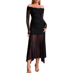 EYNMIN Women's Off The Shoulder Maxi Dress Long Sleeve Ruched Bodycon Asymmetrical Mesh Formal Fall Wedding Guest Dresses in Kuwait