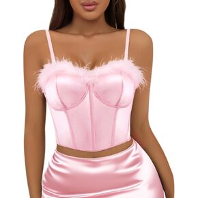 Giovacker Womens Faux Fur Crop Tops Spaghetti Strap Tube Top Cami Tank Vest Rave Party Clubwear Dance Oufits in Saudi Arabia