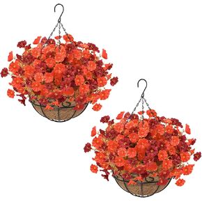 سلة نباتات زهور صناعية معلقة لديكورات الخريف في الهواء الطلق، 12 قطعة مقاومة للأشعة فوق البنفسجية من زهور البتونيا المزيفة مع زارع معلق لديكور الشرفة المنزلية (برتقالي أحمر) in Kuwait