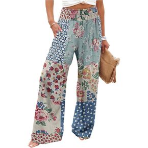 MakeMeChic Women's Casual Patchwork Floral Pants Elastic Waisted Wide Leg Beach Boho Trousers in Kuwait