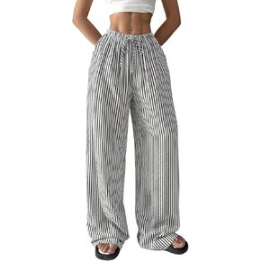 بنطال Verdusa النسائي المخطط من الكتان بأرجل مستقيمة كاجوال مع جيوب in Kuwait