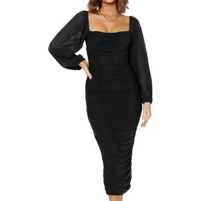 Elegant Long Puff Sleeve Ruched Bodycon Dress for Women Midi Cocktail Wedding Guest Dress Back Split in Saudi Arabia