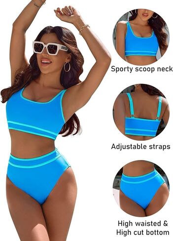 Women's High Waisted Bikini Sets Sporty Two Piece Swimsuits Color Block High Cut Bathing Suits in Saudi Arabia