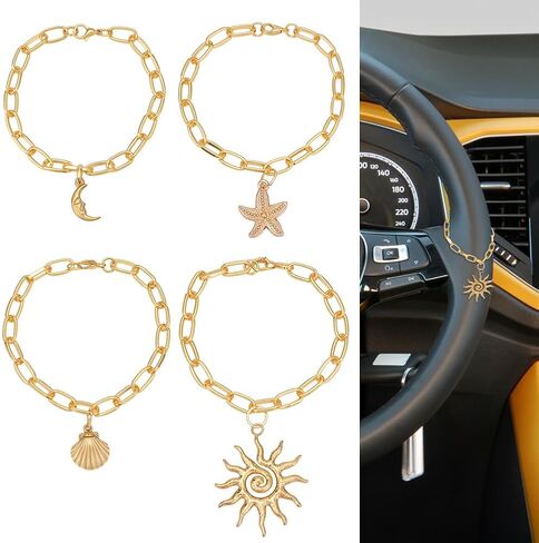 WEBEEDY 4 Styles Steering Wheel Charm Gold Auto Hanging Pendant with Starfish Shell Sun Moon Charm Boho Adjustable Steering Wheel Hanging Accessories for Men Women Home Wall Decoration Unique Gift in Saudi Arabia