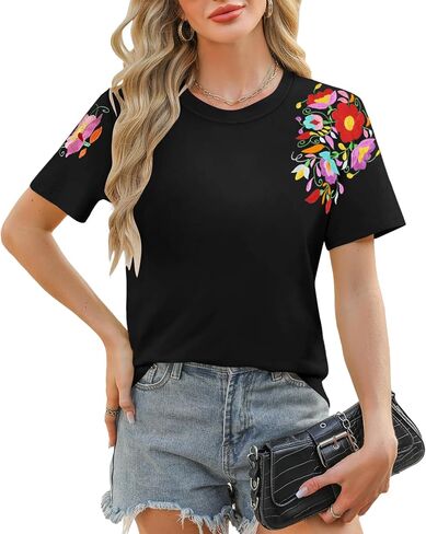 Mexican Shirts for Women: Floral Embroidered T-Shirt Cinco De Mayo Tees Mexico Fiesta Tops Casual Boho Tunic in Kuwait