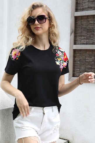 Mexican Shirts for Women: Floral Embroidered T-Shirt Cinco De Mayo Tees Mexico Fiesta Tops Casual Boho Tunic in Kuwait