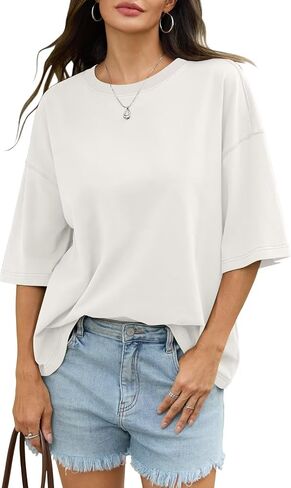 Womens Cotton Oversized T Shirts Drop Shoulder Half Sleeve Boxy Tops Crewneck Loose Fit Short Sleeves Tee 2026 in Saudi Arabia