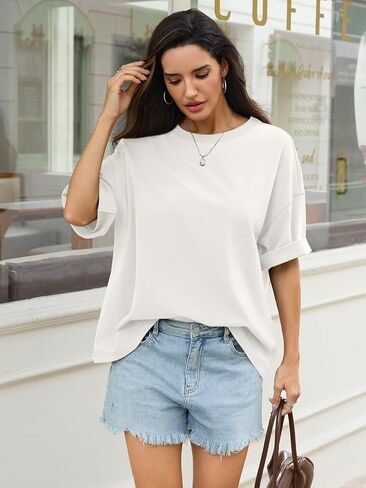 Womens Cotton Oversized T Shirts Drop Shoulder Half Sleeve Boxy Tops Crewneck Loose Fit Short Sleeves Tee 2026 in Saudi Arabia