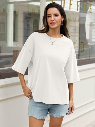 Womens Cotton Oversized T Shirts Drop Shoulder Half Sleeve Boxy Tops Crewneck Loose Fit Short Sleeves Tee 2026 in Saudi Arabia