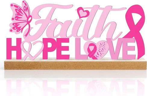 Breast Cancer Awareness Metal Sign Pink Ribbon Tabletop Centerpiece Decor with Wooden Base Faith Hope Love Decorative Freestanding Word Sign Tiered Tray Decor for Home Fireplace Farmhouse in Kuwait
