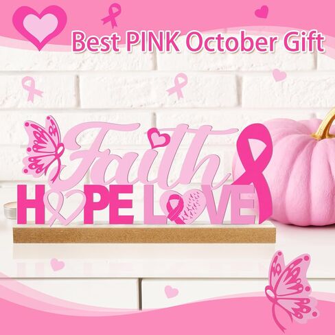 Breast Cancer Awareness Metal Sign Pink Ribbon Tabletop Centerpiece Decor with Wooden Base Faith Hope Love Decorative Freestanding Word Sign Tiered Tray Decor for Home Fireplace Farmhouse in Kuwait