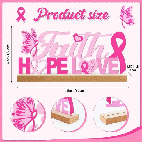 Breast Cancer Awareness Metal Sign Pink Ribbon Tabletop Centerpiece Decor with Wooden Base Faith Hope Love Decorative Freestanding Word Sign Tiered Tray Decor for Home Fireplace Farmhouse in Kuwait