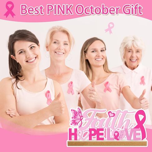 Breast Cancer Awareness Metal Sign Pink Ribbon Tabletop Centerpiece Decor with Wooden Base Faith Hope Love Decorative Freestanding Word Sign Tiered Tray Decor for Home Fireplace Farmhouse in Kuwait