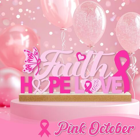 Breast Cancer Awareness Metal Sign Pink Ribbon Tabletop Centerpiece Decor with Wooden Base Faith Hope Love Decorative Freestanding Word Sign Tiered Tray Decor for Home Fireplace Farmhouse in Kuwait