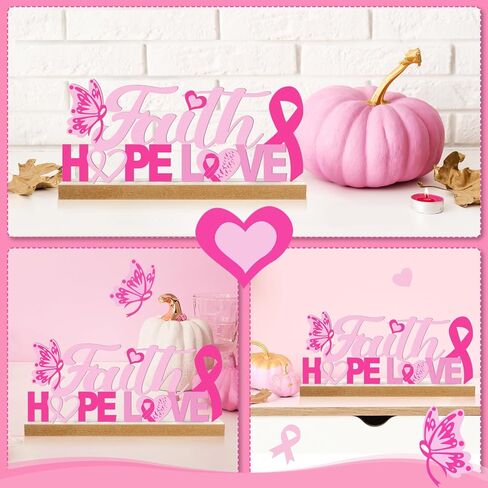 Breast Cancer Awareness Metal Sign Pink Ribbon Tabletop Centerpiece Decor with Wooden Base Faith Hope Love Decorative Freestanding Word Sign Tiered Tray Decor for Home Fireplace Farmhouse in Kuwait
