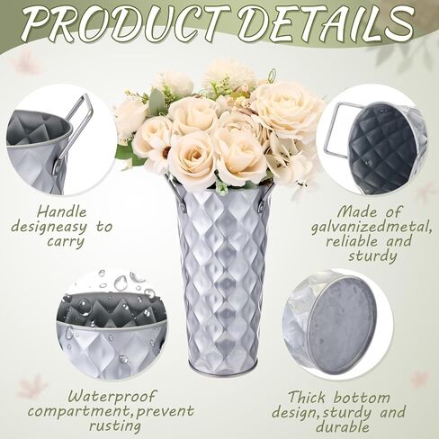 6 Pcs Galvanized Flower Bucket 9 Inch Metal Vases for Flowers Farmhouse French Bucket with Handles, Floral Vases for Bar Home Wedding Bouquet Table Centerpiece Decoration Supplies (Black) in Kuwait
