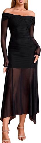 EYNMIN Women's Off The Shoulder Maxi Dress Long Sleeve Ruched Bodycon Asymmetrical Mesh Formal Fall Wedding Guest Dresses in Kuwait