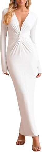 HTZMO Women Long Sleeve Bodycon Maxi Dress Sexy Deep V Neck Ruched Wedding Guest Formal Party Fall Long Dresses in Saudi Arabia