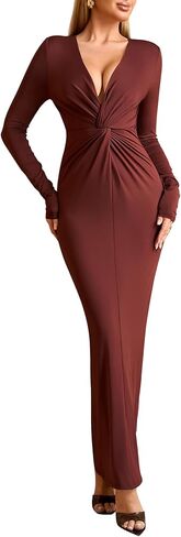 HTZMO Women Long Sleeve Bodycon Maxi Dress Sexy Deep V Neck Ruched Wedding Guest Formal Party Fall Long Dresses in Saudi Arabia