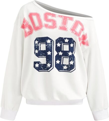 CIDER Womens Off Shoulder Sweatshirt Boston Graphic Pullover Casual Long Sleeve Top in Saudi Arabia