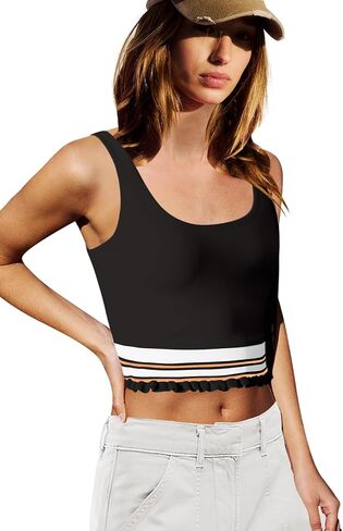 LAMISSCHE Womens Cropped Tank Tops Workout Padded Sports Bra Athletic Yoga Gym Tops Striped Ruffle Camisoles in Saudi Arabia