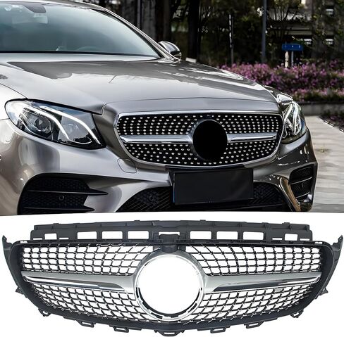 شبكة علوية لشبكة المصد الأمامي STSEV01 متوافقة مع سيارة مرسيدس W213 E-Class سيدان E300/ E350/ E400/ E450 2017-2020، ملحقات الشبكة البديلة بنمط الماس الكروم الفضي in Kuwait
