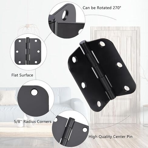 Matte Black Door Hinges 20 Pack 3.5x3.5 Inch Interior Door Hinges for Doors Rounded 5/8"" Radius Corners Iron Hinge Door Round Hinge Hardware, 3.5 * 3.5in in Kuwait