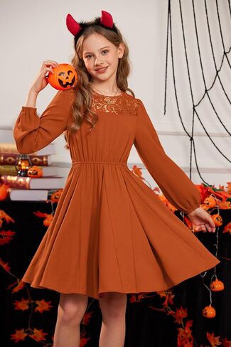 GRACE KARIN Girls Fall Dress Long Sleeve Midi with Lace Panels Twirl Skirt Elastic Waist for Holiday Party 6-14Y in Saudi Arabia