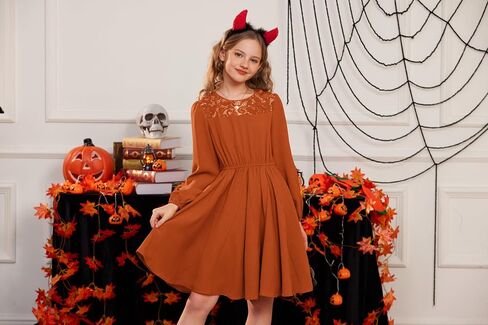 GRACE KARIN Girls Fall Dress Long Sleeve Midi with Lace Panels Twirl Skirt Elastic Waist for Holiday Party 6-14Y in Saudi Arabia