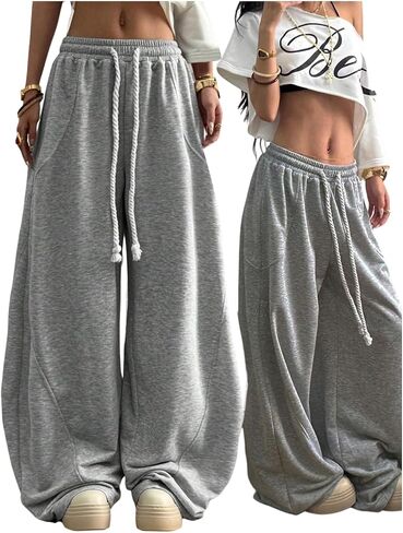 GORGLITTER Women's Wide Leg Barrel Sweatpants Y2K Baggy Drawstring Pants Elastic Waist Trousers in Saudi Arabia
