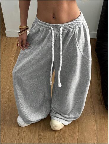 GORGLITTER Women's Wide Leg Barrel Sweatpants Y2K Baggy Drawstring Pants Elastic Waist Trousers in Saudi Arabia