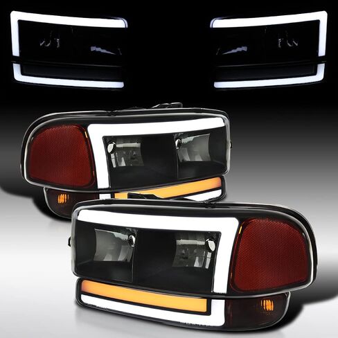 Autozensation متوافق مع 1999-2006 GMC Sierra 1500/2500/3500، مصابيح أمامية أنبوبية LED بدخان أسود + مصابيح مصد متتابعة in Kuwait