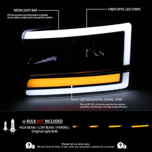 Autozensation متوافق مع 1999-2006 GMC Sierra 1500/2500/3500، مصابيح أمامية أنبوبية LED بدخان أسود + مصابيح مصد متتابعة in Kuwait