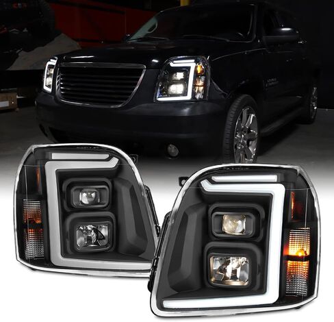 AKKON - Fits 2007-2014 GMC Yukon XL 1500 2500 [LED C-Tube DRL] Projector Black Headlights Headlamp Pair Driver+Passenger in Saudi Arabia