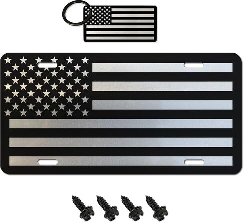 USA Made - Vanity Novelty Thick Brushed Aluminum Monochrome American Flag License Plate + 4 Black License Plate Screws and Keychain - Car Tag in Kuwait
