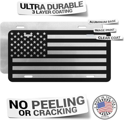 USA Made - Vanity Novelty Thick Brushed Aluminum Monochrome American Flag License Plate + 4 Black License Plate Screws and Keychain - Car Tag in Kuwait