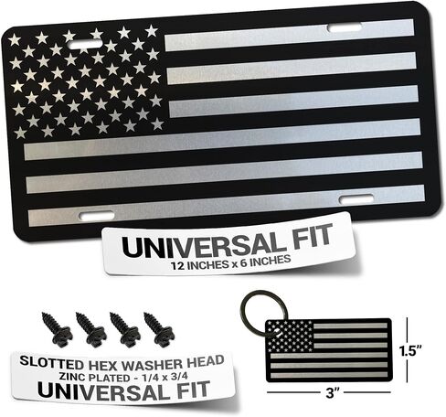 USA Made - Vanity Novelty Thick Brushed Aluminum Monochrome American Flag License Plate + 4 Black License Plate Screws and Keychain - Car Tag in Kuwait