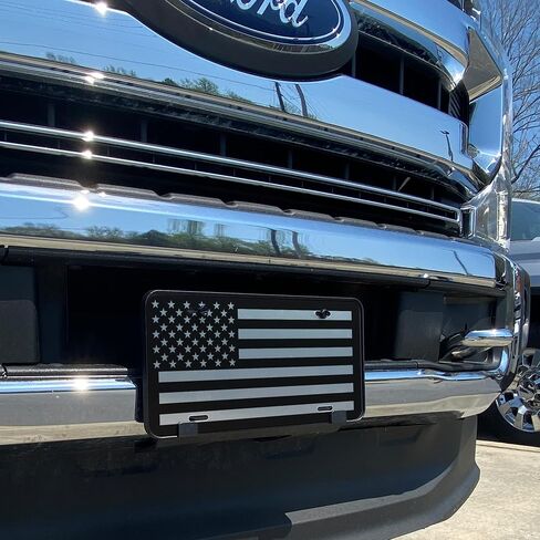 USA Made - Vanity Novelty Thick Brushed Aluminum Monochrome American Flag License Plate + 4 Black License Plate Screws and Keychain - Car Tag in Kuwait