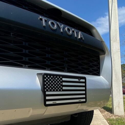 USA Made - Vanity Novelty Thick Brushed Aluminum Monochrome American Flag License Plate + 4 Black License Plate Screws and Keychain - Car Tag in Kuwait