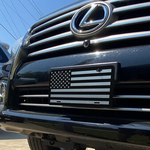 USA Made - Vanity Novelty Thick Brushed Aluminum Monochrome American Flag License Plate + 4 Black License Plate Screws and Keychain - Car Tag in Kuwait