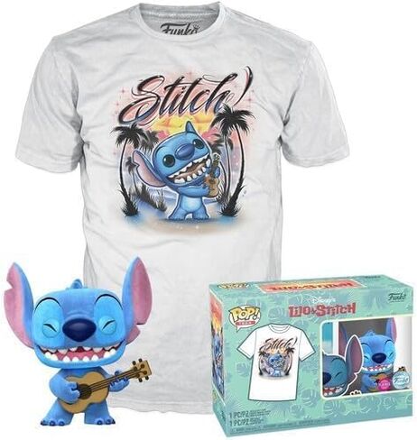 Funko Pop! &Tee: Lilo and Stitch - Ukelele Stitch (Flocked) - Extra Small - (XS) - T-Shirt - Clothes with Collectable Vinyl Minifigure - Gift Idea - Toys and Short Sleeve Top for Adults Unisex in Saudi Arabia