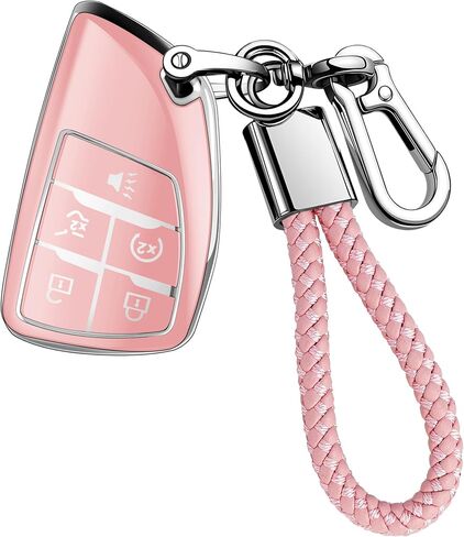 JOYEAR لغطاء مفتاح Chevy Key Fob مع سلسلة مفاتيح متوافقة مع 2022-2025 Silverado 1500 GMC Sierra 1500، 2024-2025 Silverado Sierra 2500HD 3500HD ملحقات السيارة (فضي وردي، 5 أزرار) in Kuwait