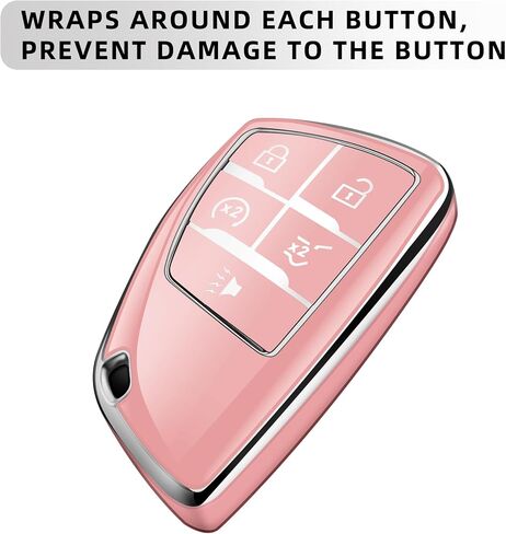 JOYEAR لغطاء مفتاح Chevy Key Fob مع سلسلة مفاتيح متوافقة مع 2022-2025 Silverado 1500 GMC Sierra 1500، 2024-2025 Silverado Sierra 2500HD 3500HD ملحقات السيارة (فضي وردي، 5 أزرار) in Kuwait