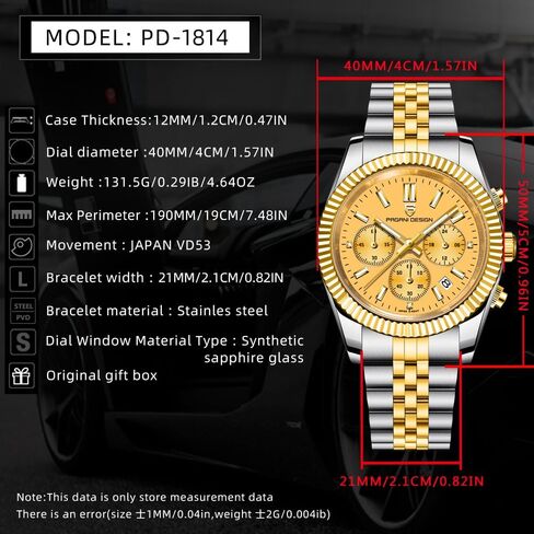 ساعات CEYADG Pagani Design كرونوغراف للرجال، 40 ملم ساعة يد فاخرة للأعمال، حركة VD53 اليابانية، التاريخ، ذهبي in Kuwait